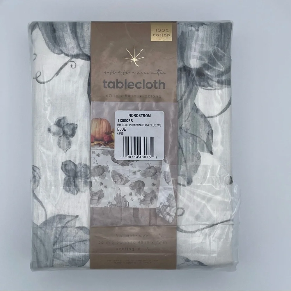 Nordstrom Tablecloth 100% Cotton Fall Harvest Pumpkins White Gray NEW NWT N198